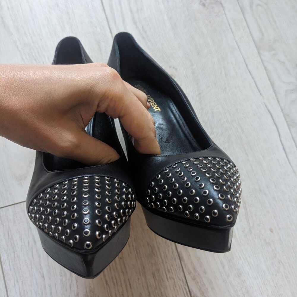 YSL Saint Laurent Heels Black Studded Pointed Toe Platform Pumps Size 39